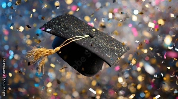Fototapeta A celebratory graduation cap tossed in the air, surrounded by colorful confetti. A joyous moment captured.