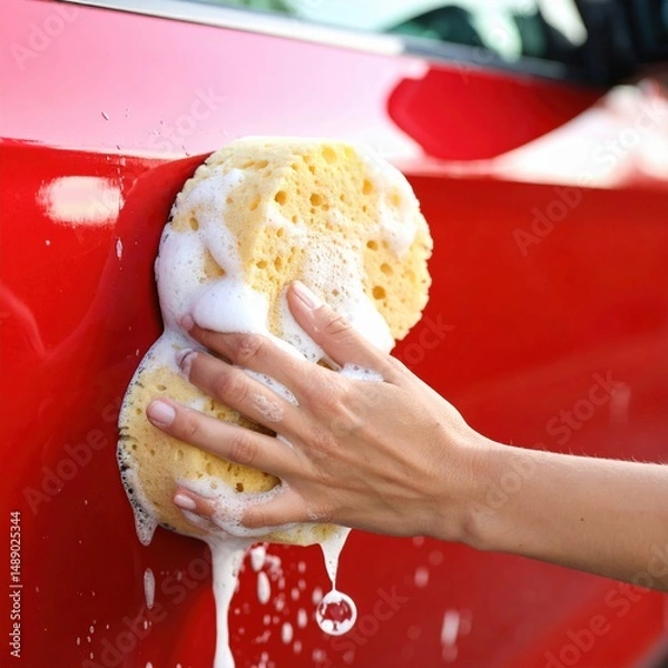 Fototapeta Close-up of hand washing car with yellow sponge and suds