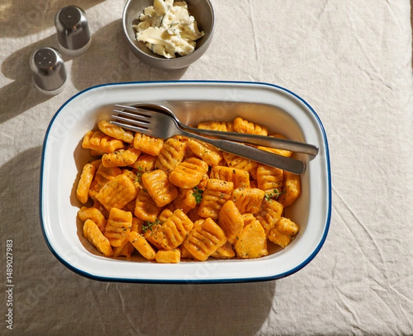 Fototapeta pumpkin gnocchi, garnished with fresh herbs in Enamel Bowl with Cutlery on Linen Tablecloth