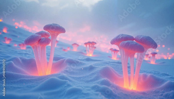 Fototapeta Glowing mushrooms emerging from snow in a surreal winter landscape  