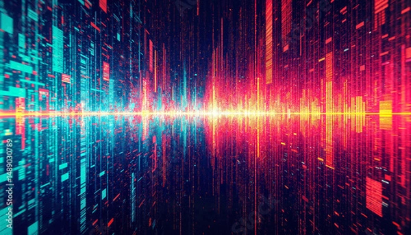 Fototapeta Abstract digital sound waves in vibrant blue and red colors  