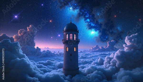 Fototapeta Enchanted tower rising above clouds in starry night sky  