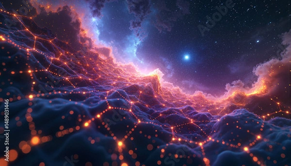 Fototapeta Abstract cosmic landscape with glowing nodes and vibrant colors  