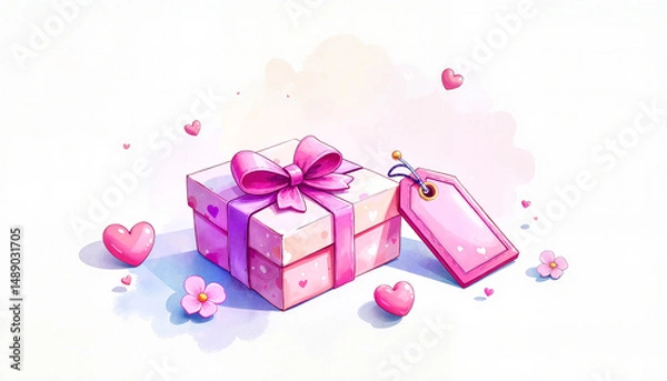 Fototapeta Colorful gift box with pink bow and tag surrounded by hearts
