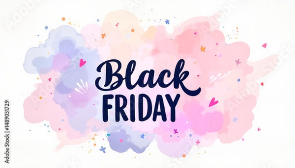 Fototapeta Black Friday promotion text with colorful watercolor background  