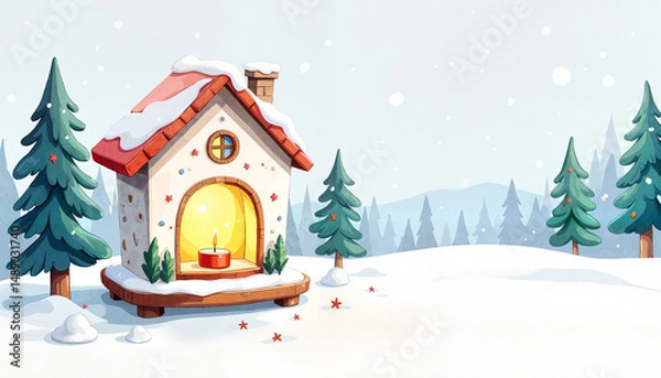 Fototapeta Cozy winter house with snow and pine trees in a snowy landscape  