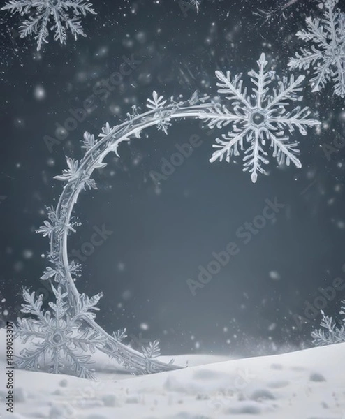 Fototapeta Elegant snowflake border, large & small flakes on snowy backdrop ,  pattern,  holiday