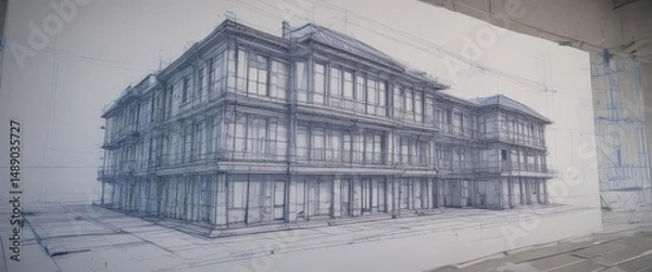 Fototapeta Blueprint effect applied to architectural sketches, creating a technical aesthetic ,  graphic design,  artwork