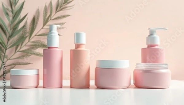 Fototapeta Various cosmetic containers on pristine white, mockup, luxury