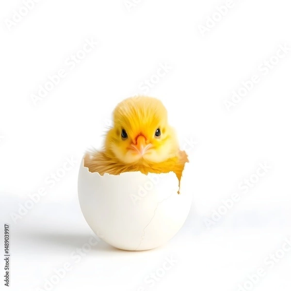 Obraz Fluffy Baby Chick Emerging from a Cracked Eggshell on White Background