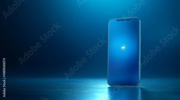 Fototapeta Smartphone with glowing white heart icon on its blue screen stands upright on reflective dark blue surface against blurred deep blue background
