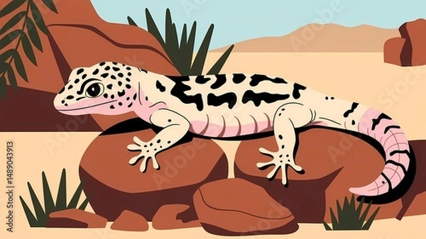 Fototapeta A stunning leopard gecko resting on a rock in a desert landscape