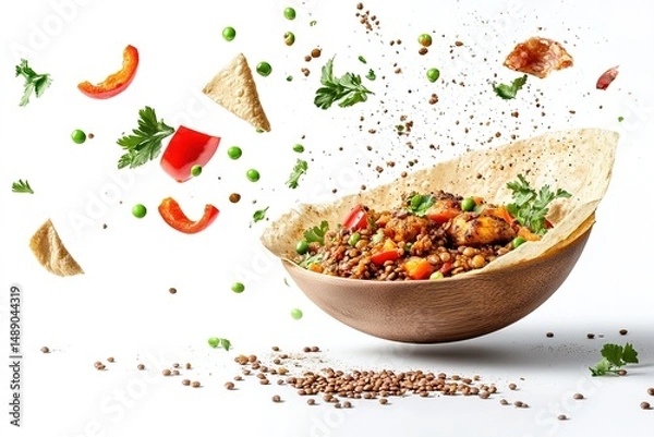 Fototapeta Colorful ingredients exploding from a bowl of healthy meal.