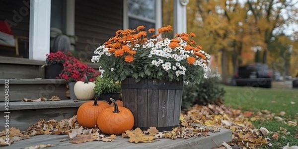 Fototapeta Autumn porch with colorful flowers and pumpkins