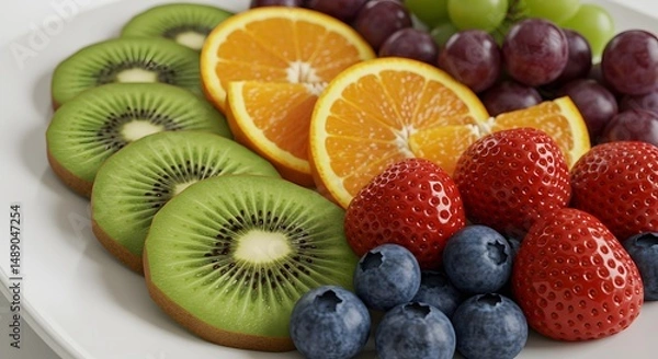 Fototapeta Colorful Fresh Fruit Platter with Sliced Berries and Citrus on Serving Tray Realistic Image