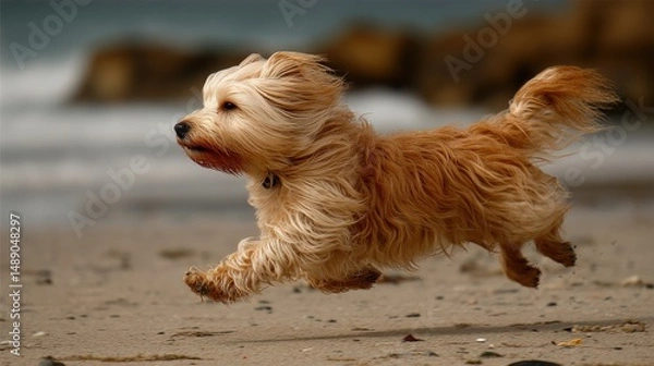 Fototapeta A fluffy, light brown dog runs playfully across a sandy beach, its fur blowing in the wind. Pure joy!