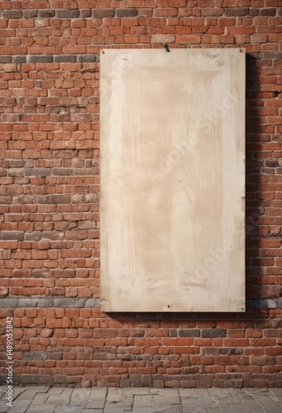 Fototapeta Weathered paper posters on brick wall, sun-bleached effect, template, torn, street