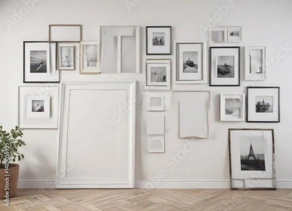Fototapeta White wall with assorted frame sizes and styles; customizable photo frame gallery mockup, display, frame template