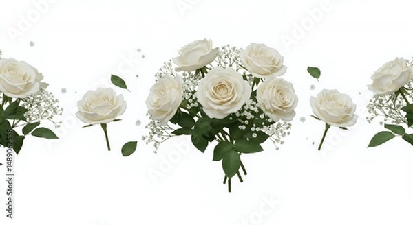 Fototapeta Elegant White Roses and Gypsophila Blooms on a Seamless White Backdrop for Weddings and Elegant Designs Optimized for Floral Decoration and Invitation Artwork