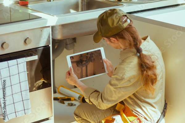 Obraz Plumber Using Tablet for Sink Repair