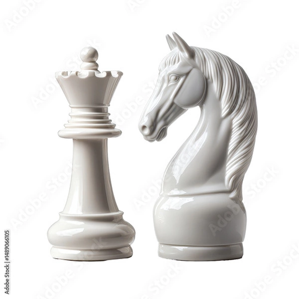 Fototapeta Elegant white chess queen and horse figurines isolated on a clean background showcasing strategic game pieces, white chess queen and horse isolated non isolated on Transparent background