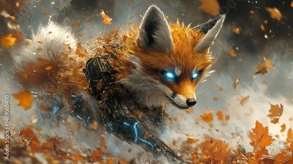 Fototapeta Cybernetic fox amidst autumn leaves.  Powerful, futuristic creature