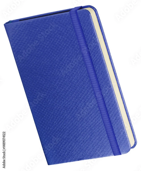 Fototapeta Blue notebook with snake skin texture and elastic band, isolated on transparent background, ideal for branding and premium stationery.
