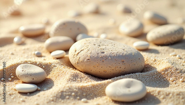 Fototapeta Smooth pebbles on sandy beach in warm sunlight