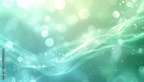 Obraz 清涼感のあるミントグリーンとライトブルーの背景に、シャープな直線と光るボケが点在し、クリーンでスタイリッシュな印象を与える抽象デザイン

