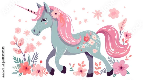 Fototapeta Enchanting Fairytale Unicorn Illustration with Beautiful Floral Decoration