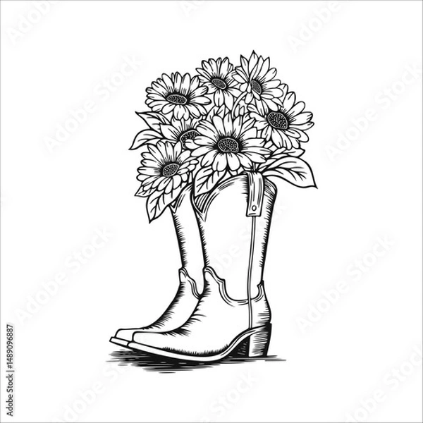 Obraz Cowboy boots with sunflowers isolated on a white background. Vector illustration