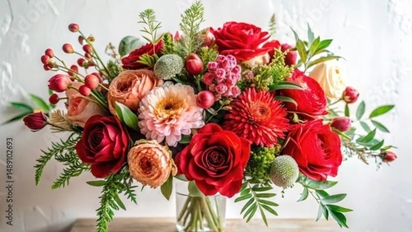 Fototapeta A vibrant bouquet of red and peach roses, gerbera daisies, and assorted greenery arranged in a clear glass vase, showcasing a stunning display of floral artistry.
