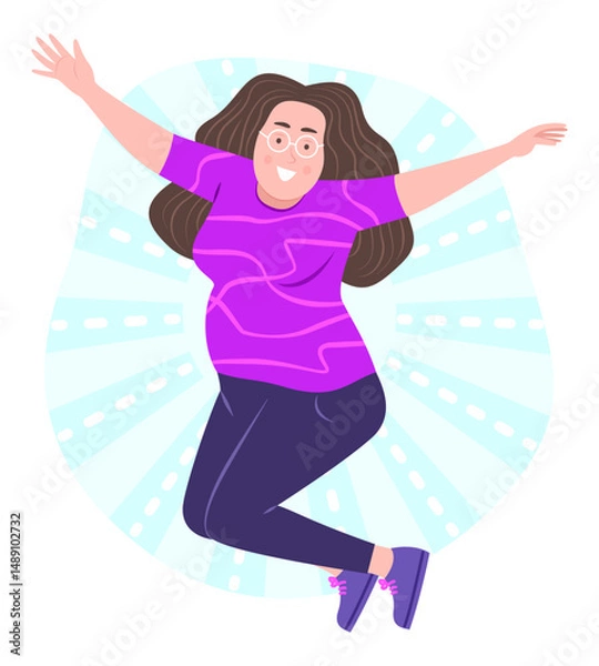 Fototapeta Chubby Woman Jumping with Happy Contented Emotion for Satisfaction in Body Shape Concept Illustration Clip Art