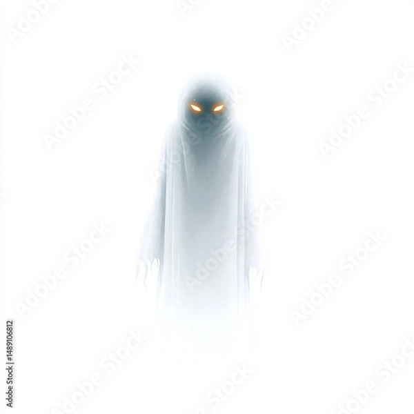 Obraz Ghostly figure with glowing eyes, subject on a solid pure white background, Dark Outlined, no shadows, no texture