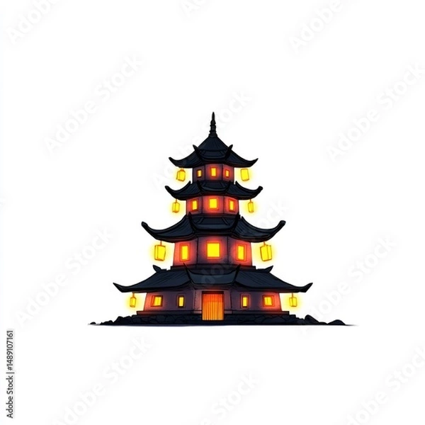 Obraz Buddhist Temple with Lanterns at Night