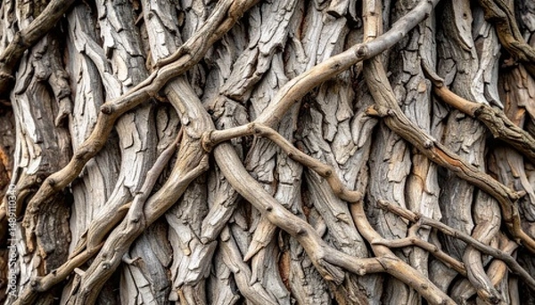 Fototapeta 枯れ枝が絡まる樹皮のマクロクローズアップ