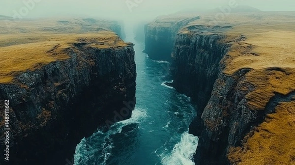 Fototapeta Misty Fjord Between Dramatic Cliffs