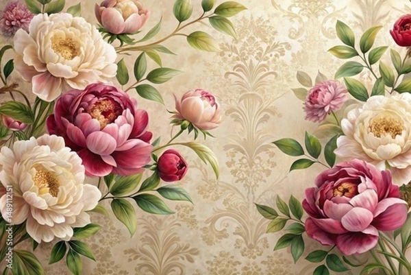 Fototapeta Elegant Floral Arrangement with Delicate Peonies and Lush Greenery Against a Damask Background