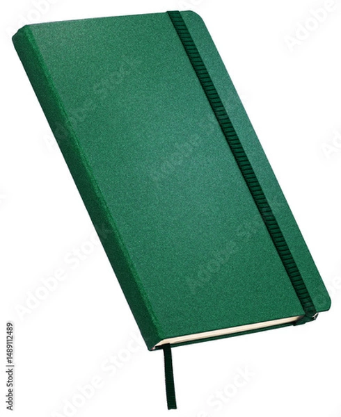Fototapeta Dark green hardcover notebook with elastic band, isolated on white background, ideal for professional stationery or eco-friendly design.