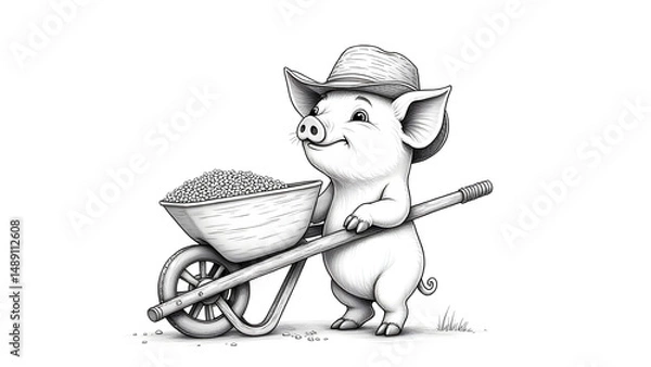 Obraz Cute piglet farmer coloring page with detailed barn scene and agricultural tools for kids.