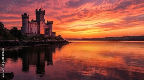 Fototapeta A Majestic Irish Castle Standing Proudly Against a Vibrant Sunset Reflection