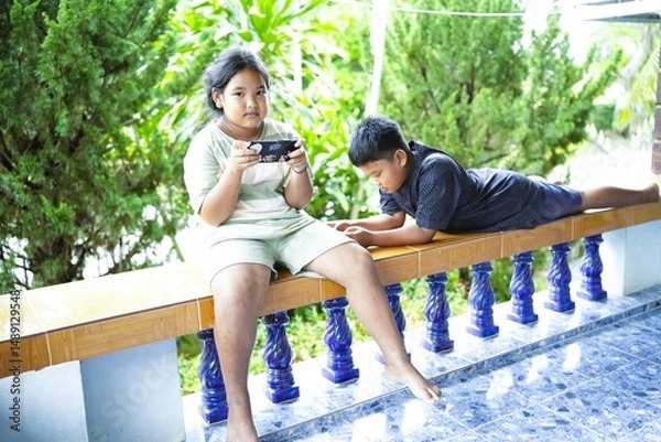 Fototapeta Siblings are having fun together playing with smartphones in a park during summer.
