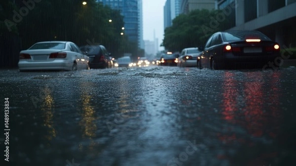 Fototapeta Rain-soaked street with cars navigating through flooded water, creating a moody urban scene on a rainy day.