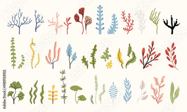 Fototapeta Folk hygge ocean clip arts, hand drawn vector set in Scandinavian Nordic style, isolated on white. Collection of classic ethnic elements. The scandi folk motifs - corals, flowers and seaweeds