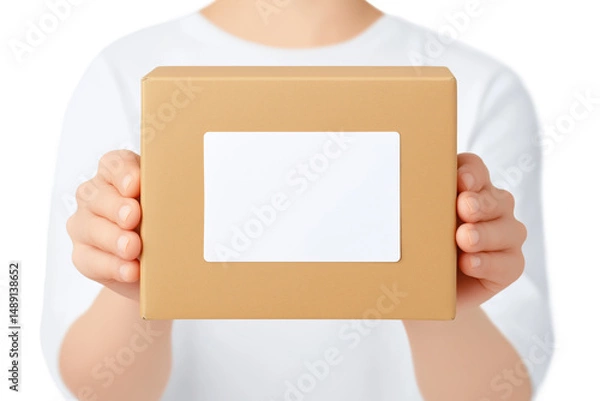 Fototapeta Person holding a small cardboard package with a blank label Perfect for online shopping delivery concepts