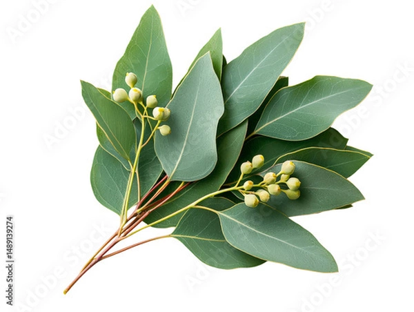 Fototapeta A bunch of eucalyptus leaves with small yellow flowers, isolated on a transparent background, PNG file.
