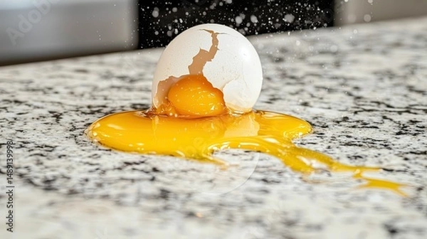 Obraz Freshly cracked eggs with golden yolks spilling out, captured on a smooth kitchen countertop.