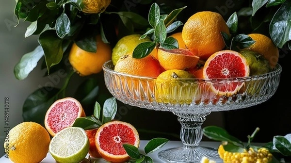 Obraz Freshly cut fruits artfully arranged in a glass pedestal bowl, with a bright and inviting ambiance.