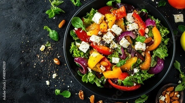 Obraz High-angle shot of a gourmet salad bowl with roasted bell peppers, feta cheese, and nuts.