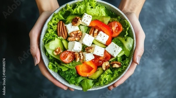 Obraz High-angle shot of a gourmet salad bowl with roasted bell peppers, feta cheese, and nuts.
